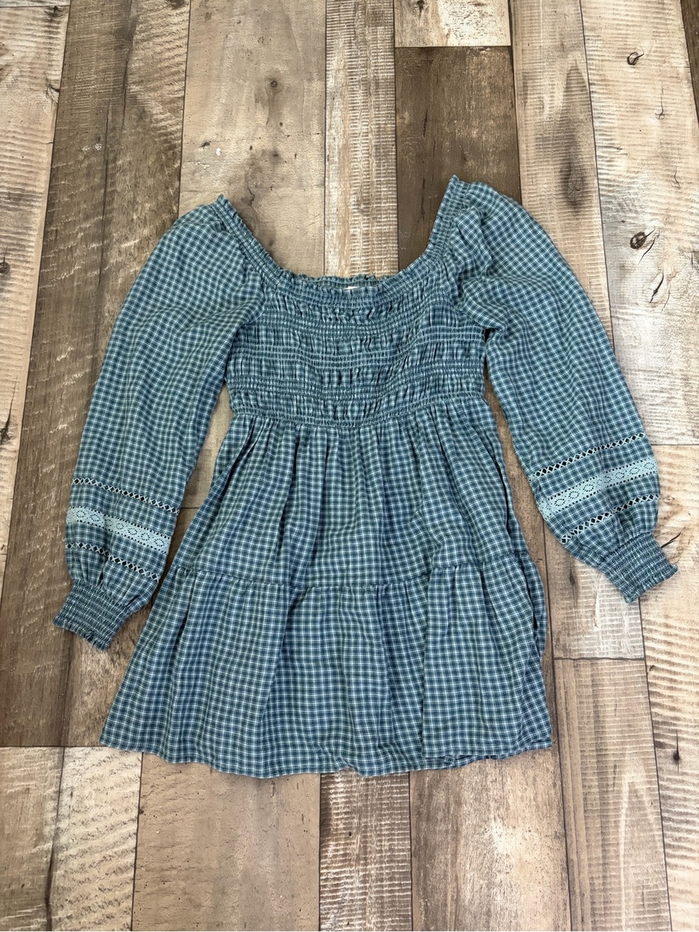 American Eagle Outfitters Teal Blue Gingham Smocked Dress